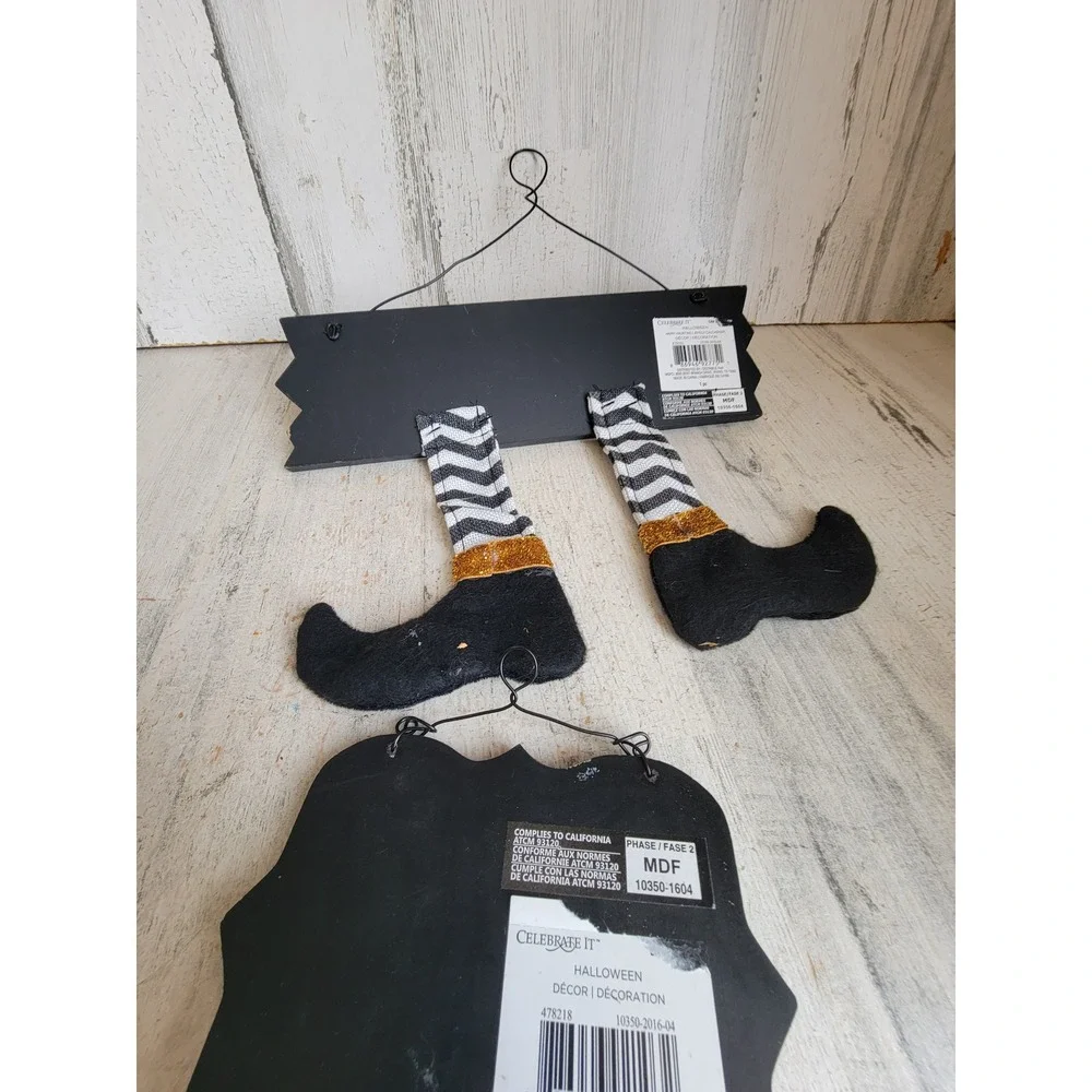 Halloween witch is in feet sign set glitter Unique broom Home decor